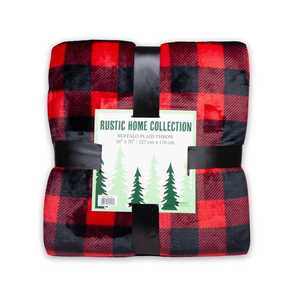 Arkwright Rustic Home Buffalo Plaid Throw Blanket, 50x70 Red/Black, Sherpa Back