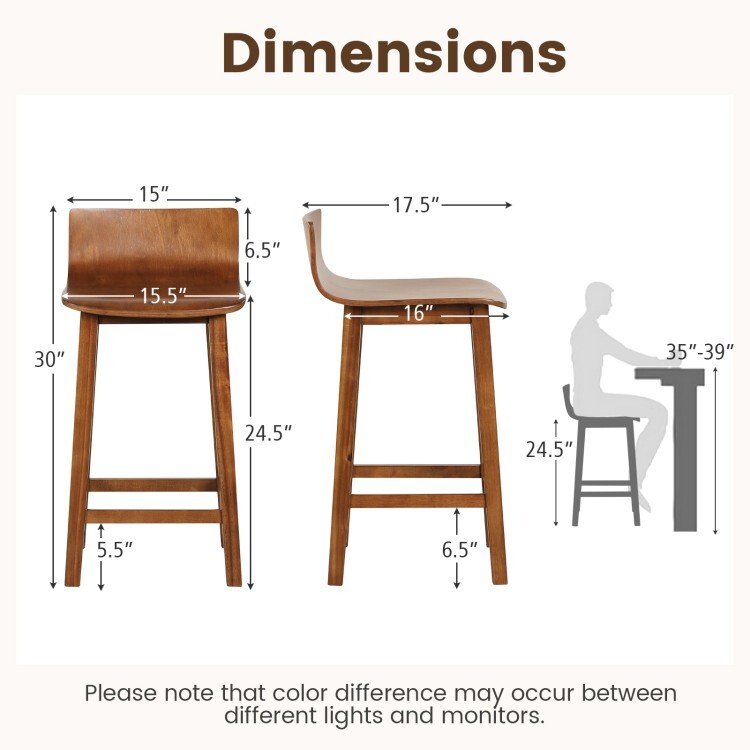 2 Pcs Wood Restaurant Bar Stool Set w/ Solid Back & Seat, Rubber Wood Footrest gallery