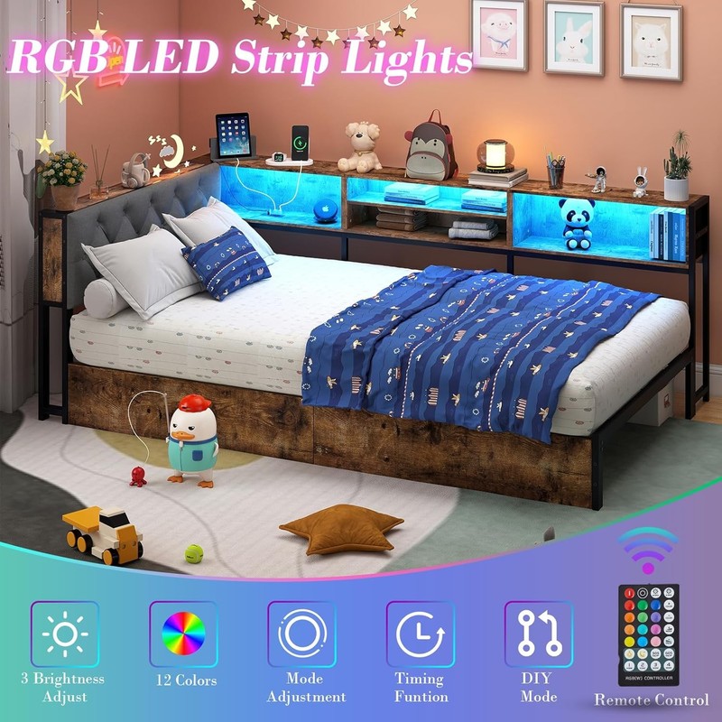 Corner Bed Frame with Storage Bookcase Twin / XL Daybed Kids Bed with Charging gallery