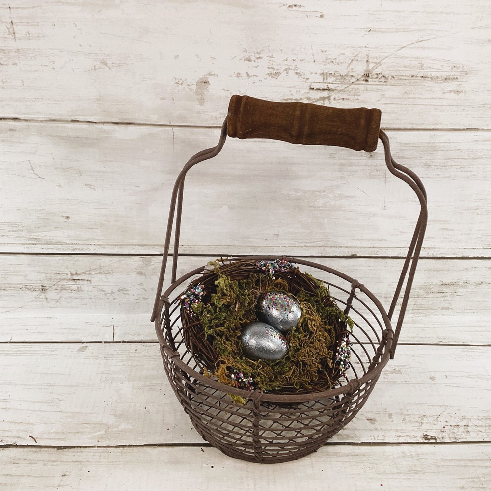 CWI Easter Decor - Prim Egg Basket Wood Eggs Birds Nest
