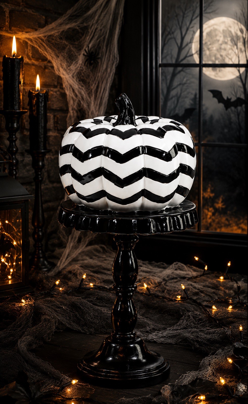 **MARTHA STEWART** Black & White Striped Pumpkin On Stand Halloween Decor gallery