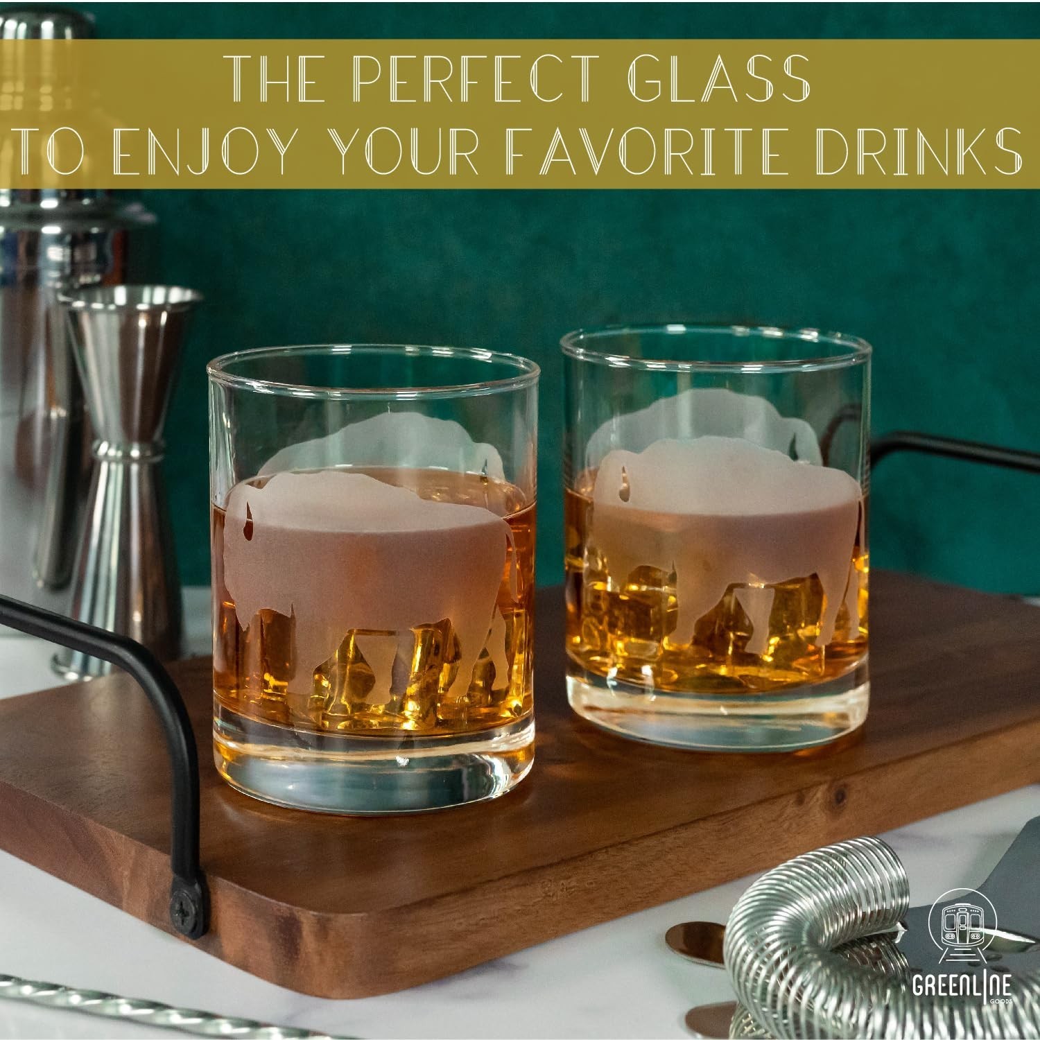 Greenline Goods Buffalo Etched Whiskey Glasses – 11 oz Set of 2 Cocktail G gallery