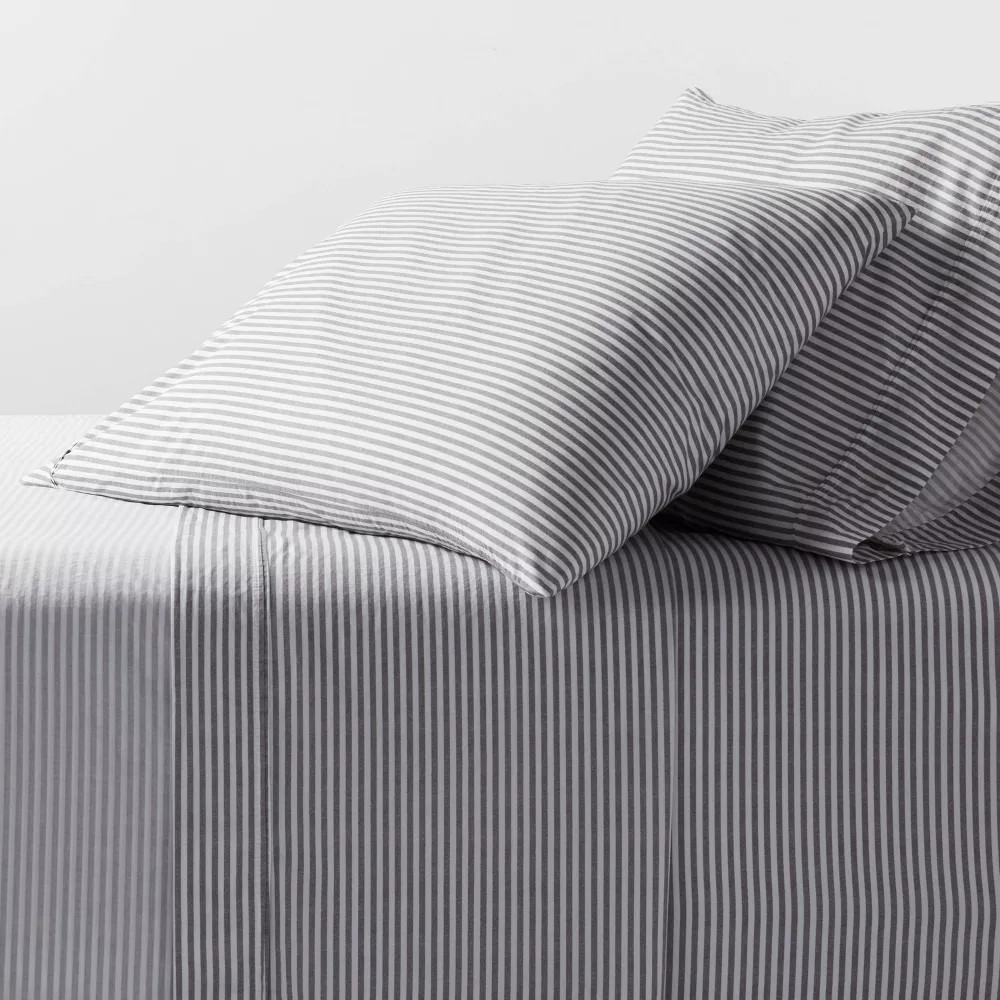 Twin/Twin XL Organic Percale Sheet Set Charcoal/White Stripe - Threshold