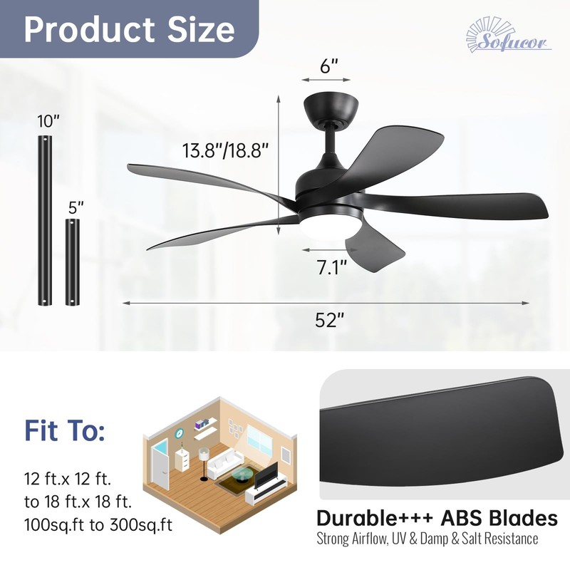 Sofucor 52 Inch Smart Ceiling Fan with Light, Modern Ceiling Fan with Dimmabl... gallery