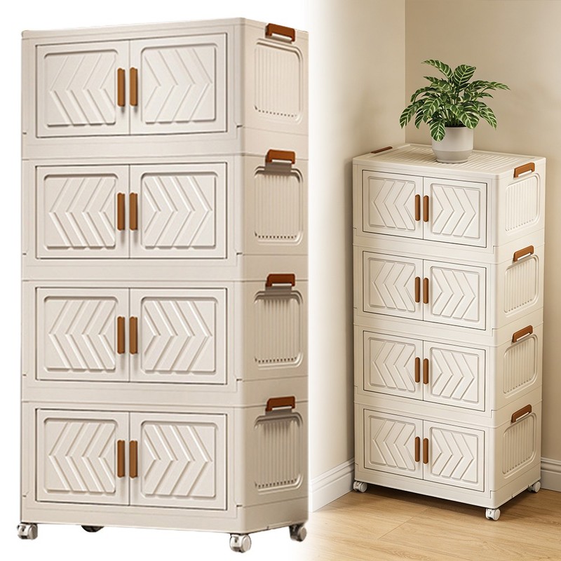 4 Tier Stackable Storage Bins with Lids Doors Wheels Storage Drawer (White) gallery