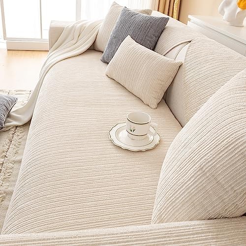 Soft Chenille Sofa Couch Cover Solid Color Striped Weave 27"x47" Cream gallery