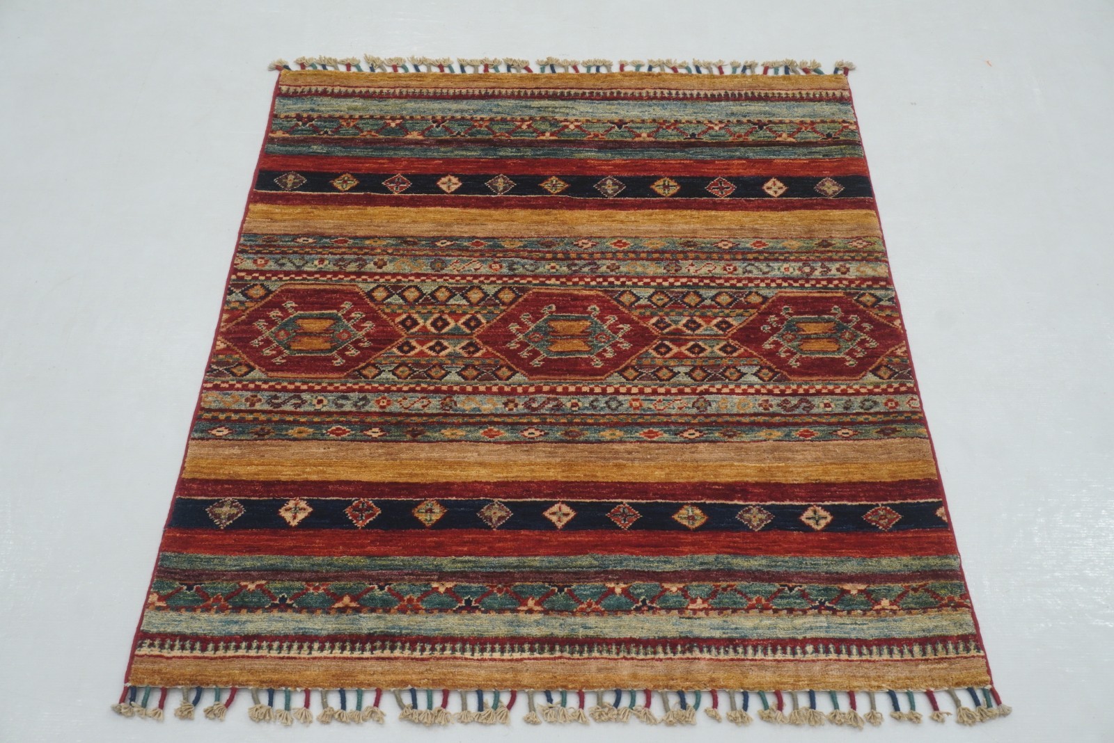 3x3 ft Multicolor Khorjin Afghan Hand Knotted Wool Tribal Small Square Rug gallery