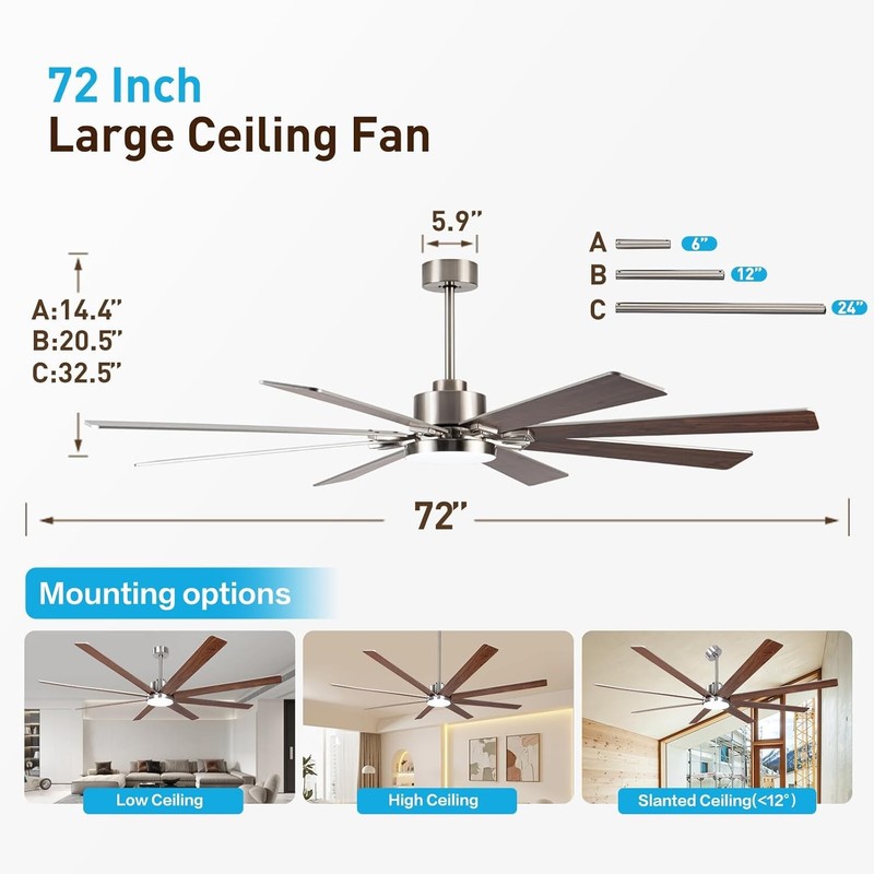 CZ72BN-LK 72 Inch Brushed Nickel Ceiling Fan with Light Remote 8 Wood Blades gallery