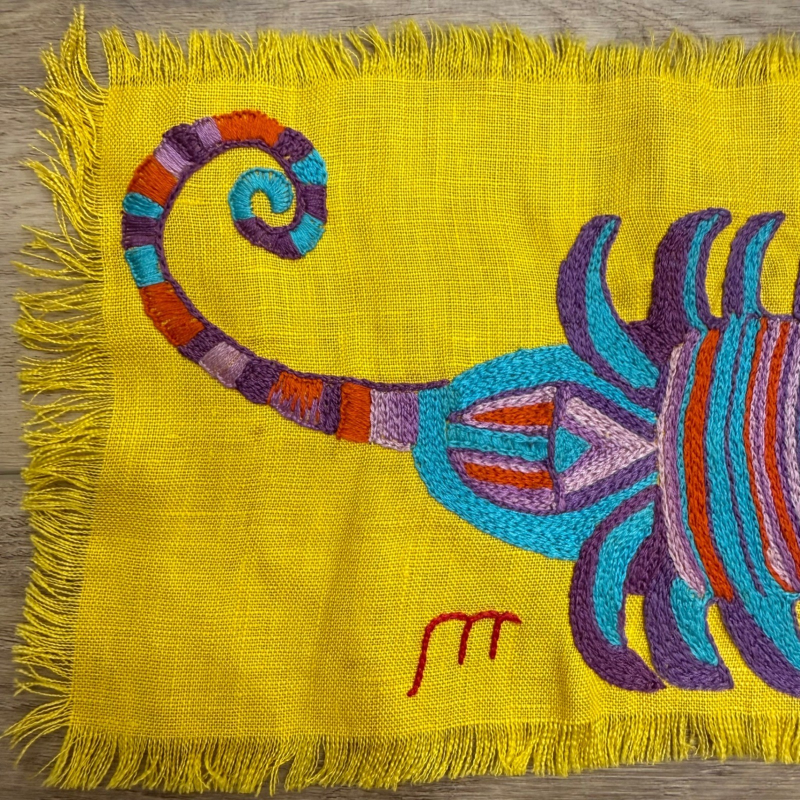Vintage Embroidered Zodiac Scorpio Scorpion Linen Textile Yellow Boho Folk Art gallery