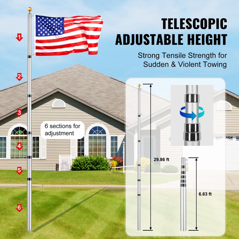 VEVOR 30FT Telescopic Flagpole Kit Heavy Duty Aluminum Flag Pole American Silver gallery