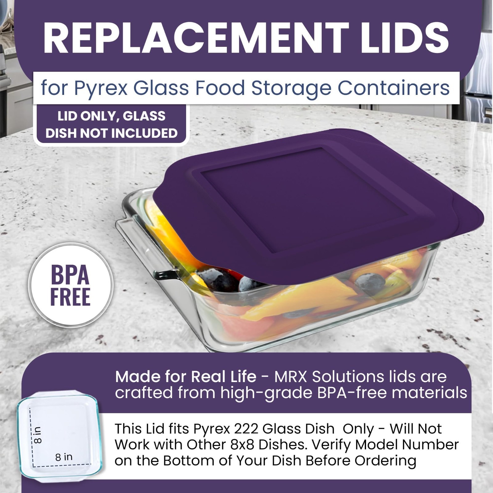 Replacement Lid fits Pyrex 222-PC Cover for 8x8 2-Quart Glass Baking Dish gallery