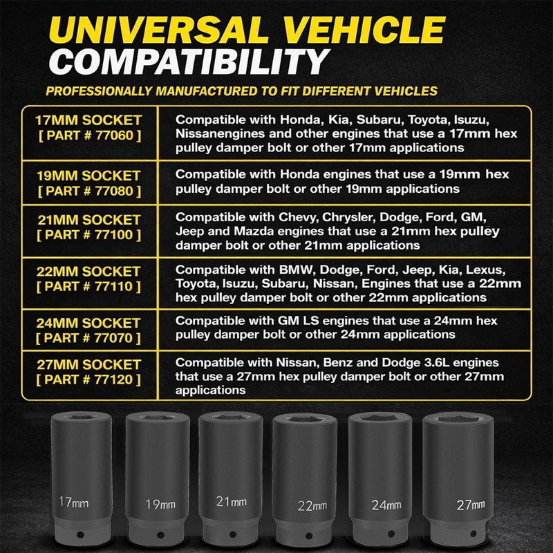 1/2’’ Drive Weighted Crank Bolt Socket Set, 17MM, 19MM, 21MM, 22MM, 24MM, 27MM, gallery