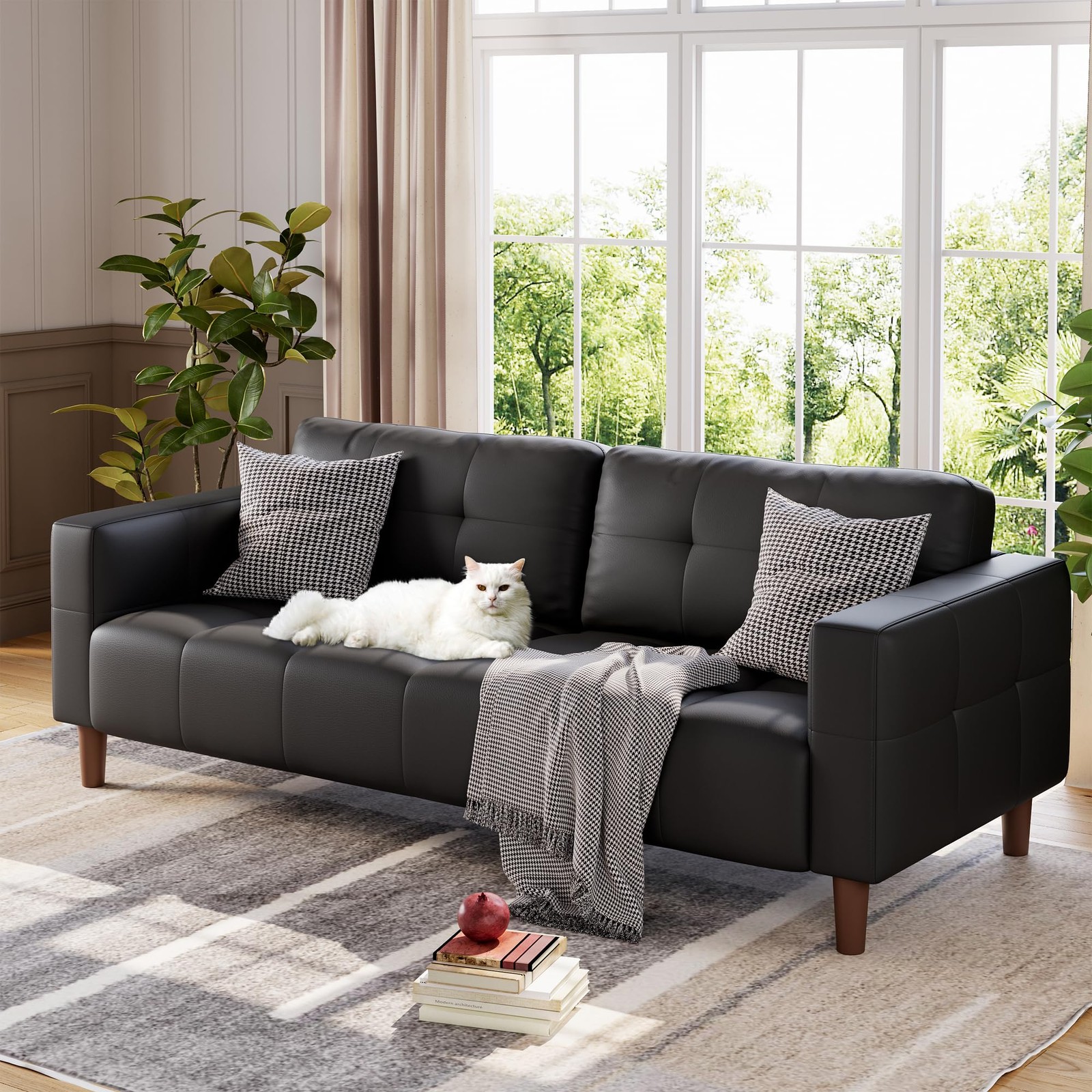 Oversized Living Room Couch Leather Black Sofa Modern 3-seat Sofa Easy Assembly gallery