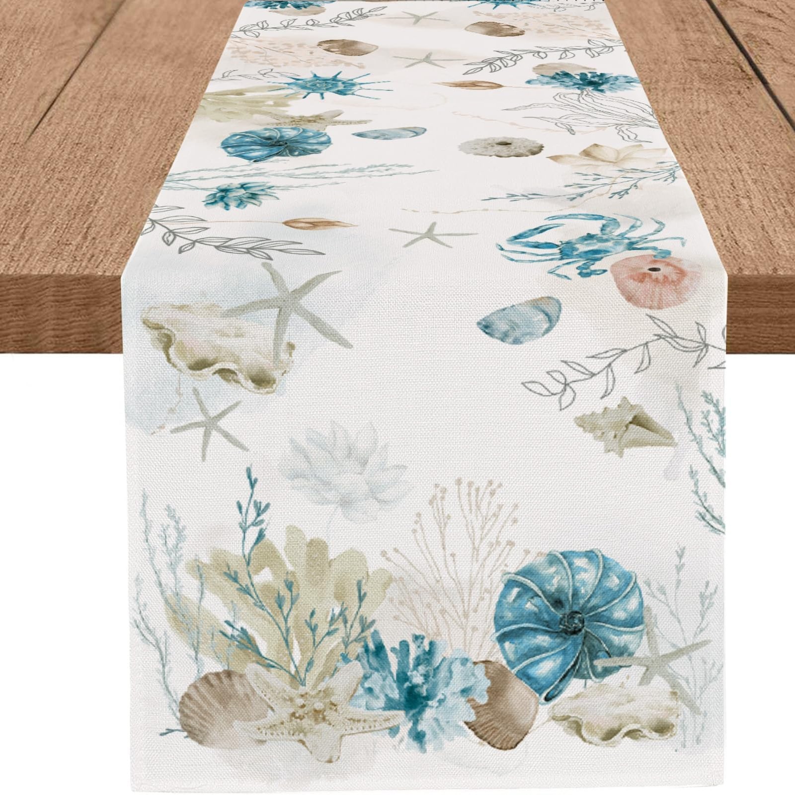 Blue Beach Table Runner Tropical Ocean Coastal Table Runners Seashell Burlap gallery