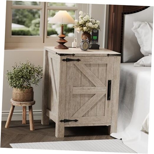Farmhouse Nightstand with USB Charging Station, Rustic Bedside 2 Light Oak Grey gallery