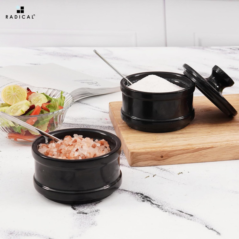 Handmade Marble Black 5.5” Dual Salt Cellar with Lid – 2.3” Each Salt and Pepper gallery