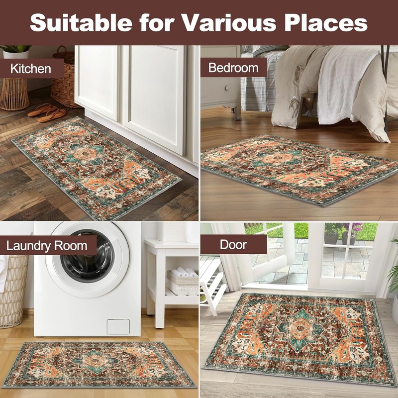 Yamaziot Washable Area Rug, 2x3 Small 2' x 3' (Rectangular), Rust/Dull Teal gallery