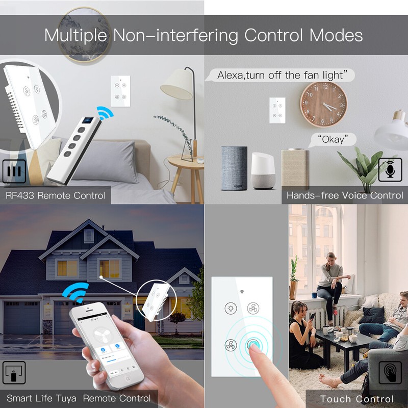 MOES Smart Ceiling Fan Light Switch WiFi RF Wall Touch Panel Alexa Google APP gallery