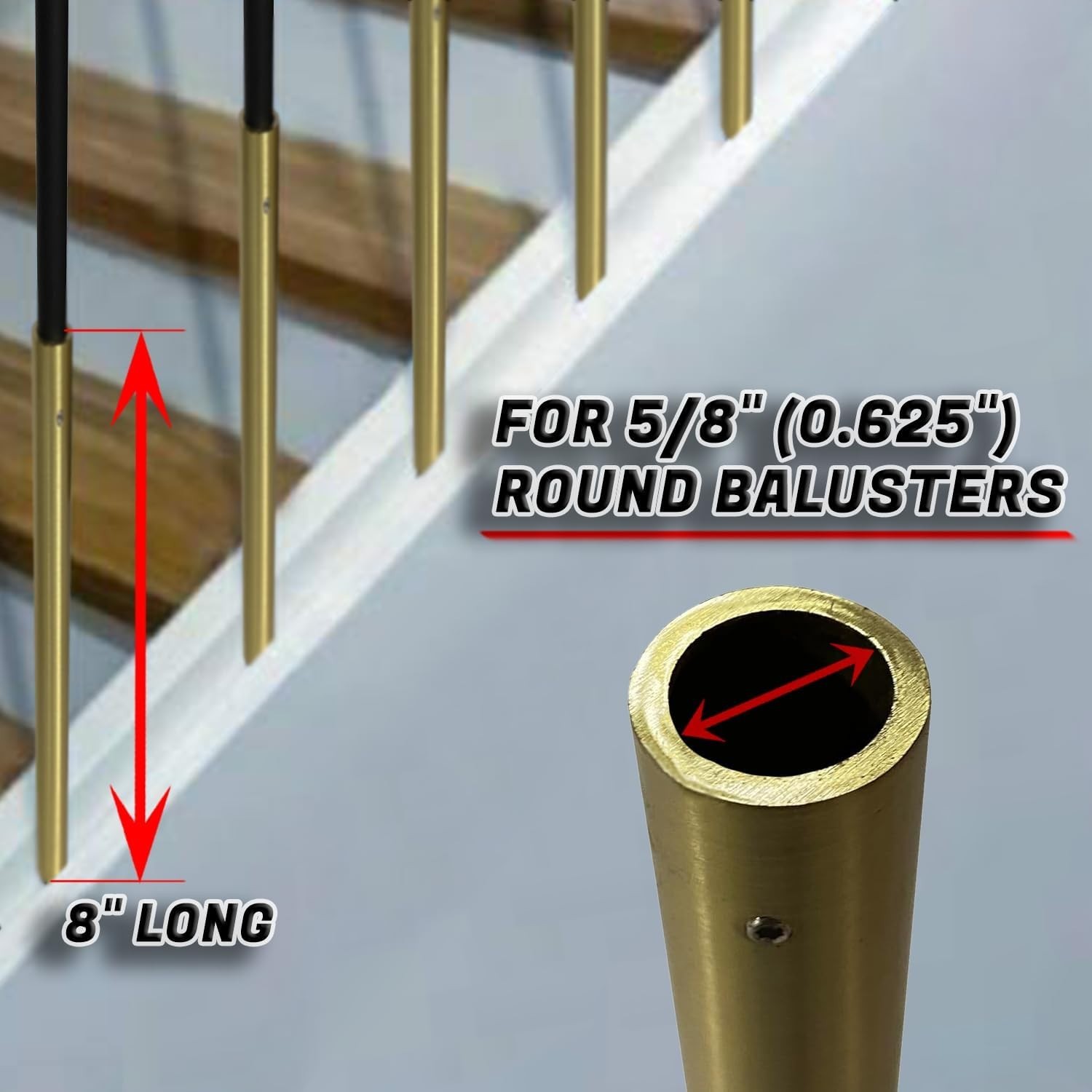 DECOREX Hardware - 8" Decorative Brass Tube for 5/8" Round Balusters – Set of 10 gallery