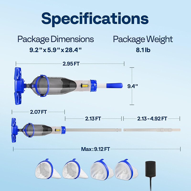 Cordless Pool Vacuum with Telescopic & Extension Poles 9.12ft, 18.5 GPM Suction gallery