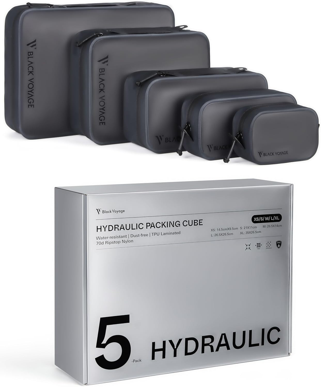 Waterproof Black Voyage Packing Cubes - 5 Pack Dust-Resistant Travel Set gallery