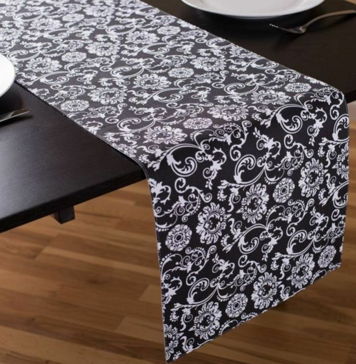 Fabric Linen Cotton Table Runner (13" x 90") WHITE DAMASK FLOWERS ON BLACK, LT gallery