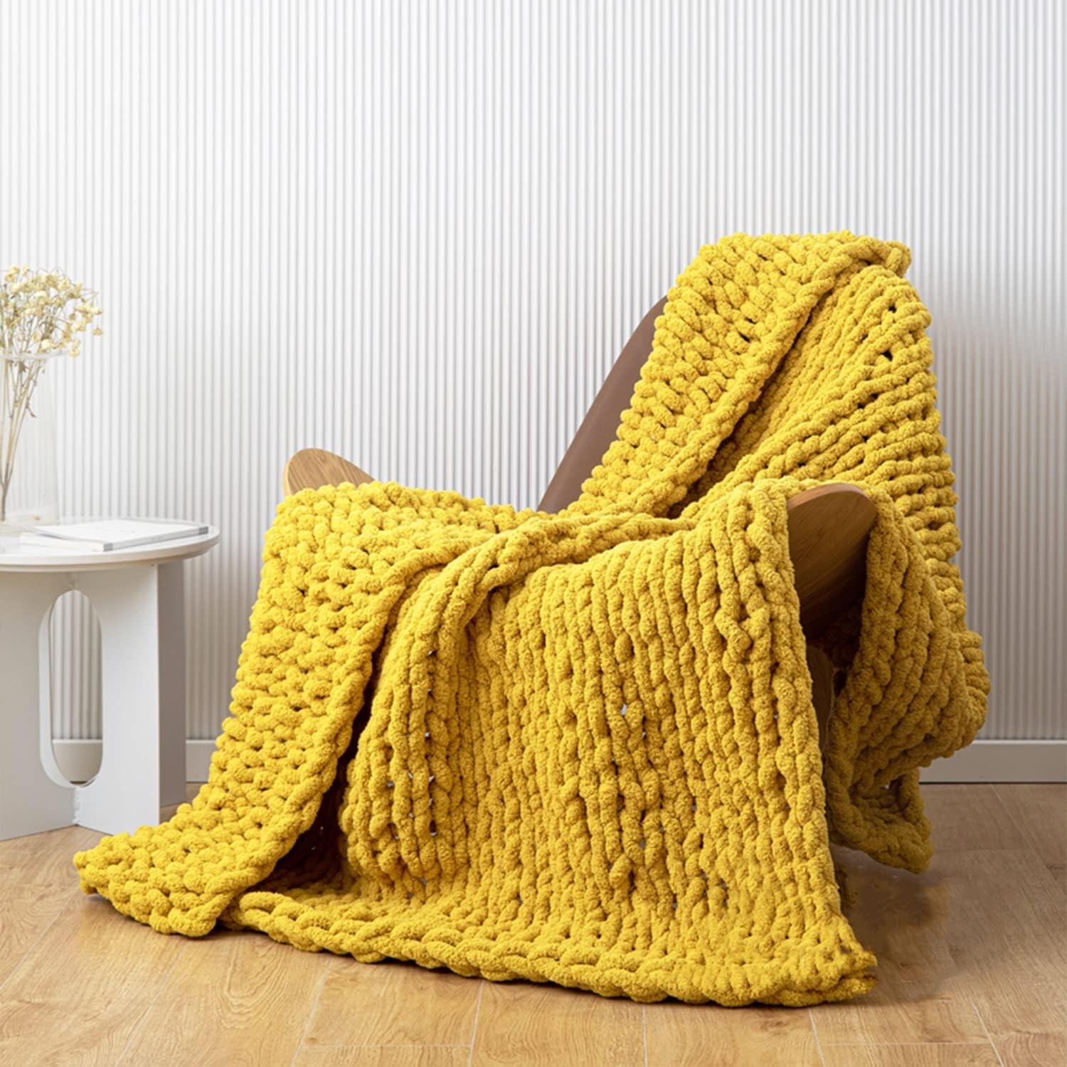 Chunky Knit Blanket - Yellow Throw Blanket - Soft Chenille Throw 50" x 60" gallery