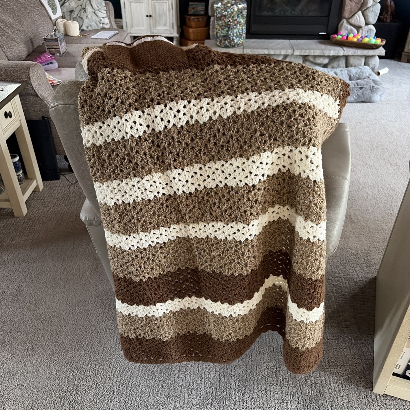 Hand Crouched Throw 46x36 Brown Tones New Unused Handy Pocket For Storage Nice gallery
