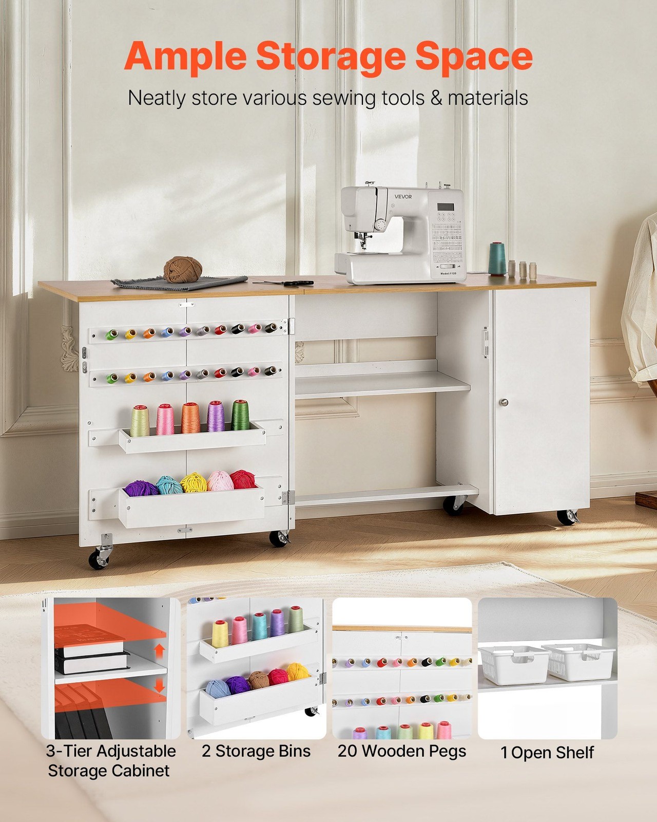 Compact Folding Sewing Desk 62x19in, 3-Tier Organizer, 2USB+2AC, 6 Casters gallery