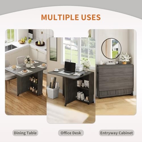 Folding Dining Table with Storage, Folding Kitchen Table with 6 Wheels, Grey gallery