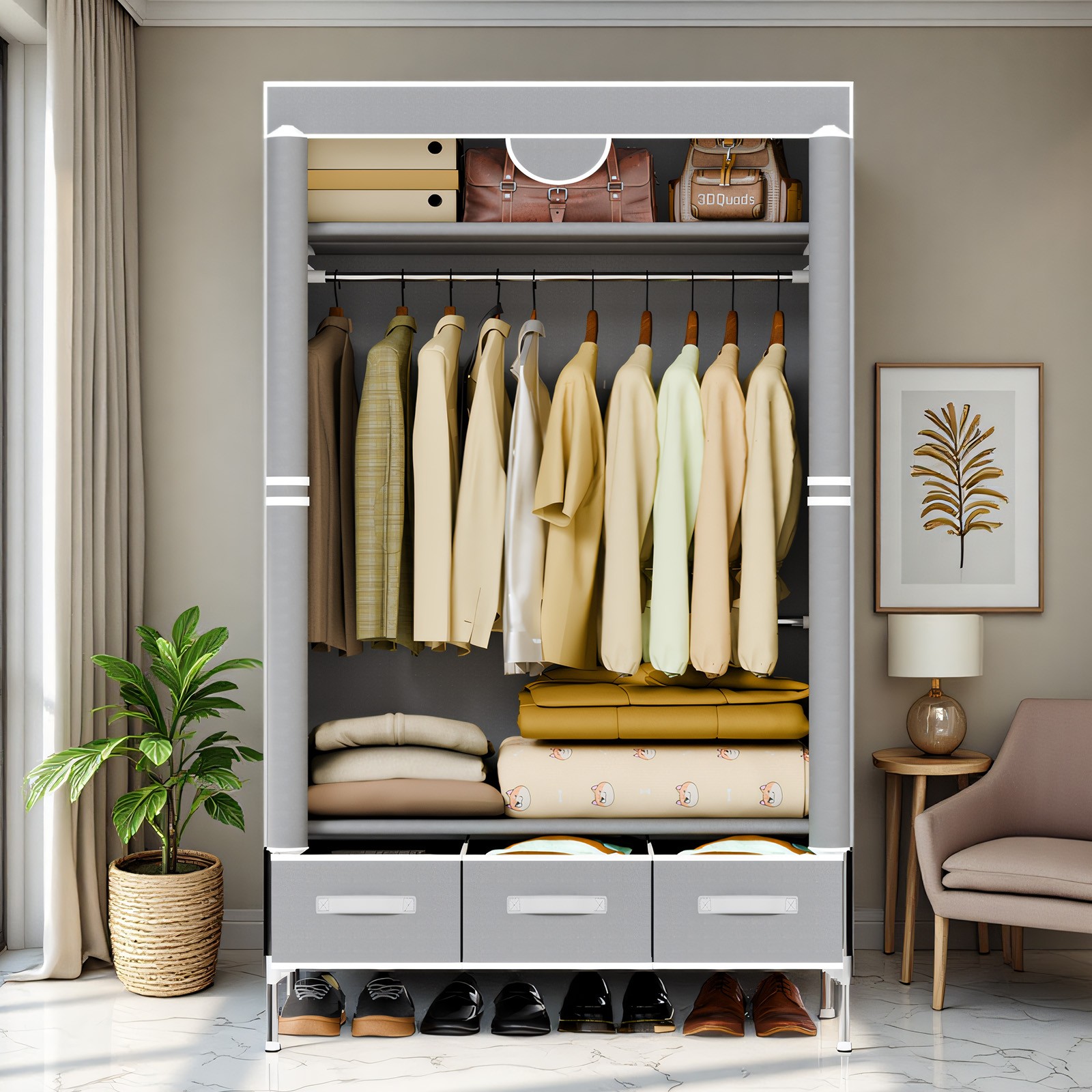 Portable Closet Wardrobe Clothes Rack Storage Organizer Shelf Stand w/ 3 Drawers gallery