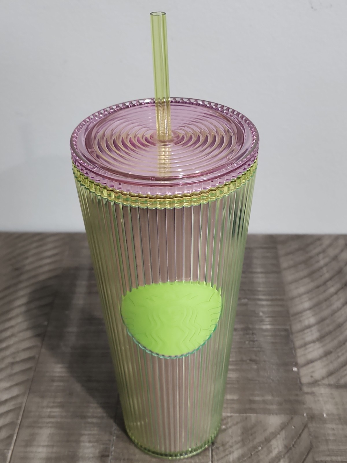 Starbucks 2025 Neon Transparent Lime Lilac Pleated Striped Venti Tumbler 24oz gallery