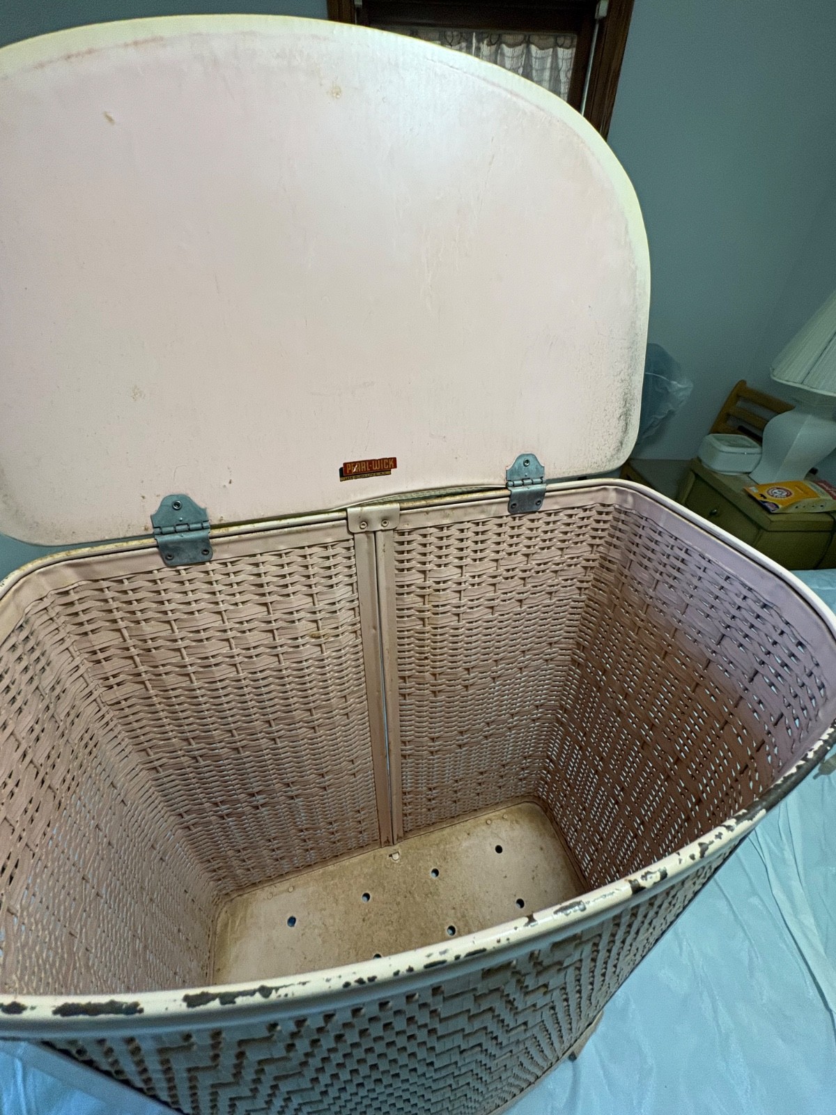 Vintage Mid-Century Pearl Wick Wicker PINK Laundry Hamper gallery