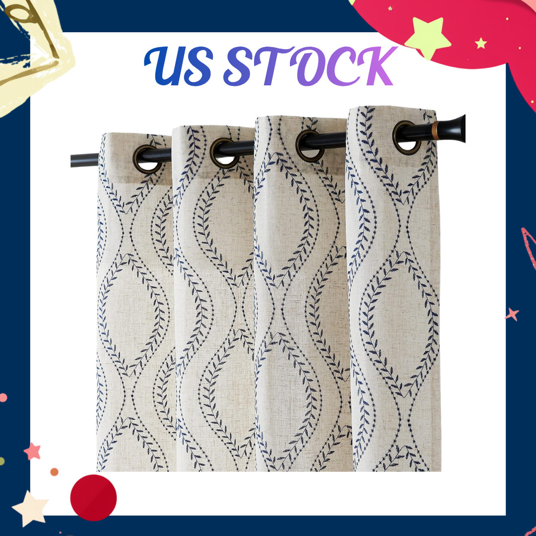 NEW Blue Embroidered Leaf Farmhouse Curtains 84" Linen Blend Drapes Set of 2 gallery