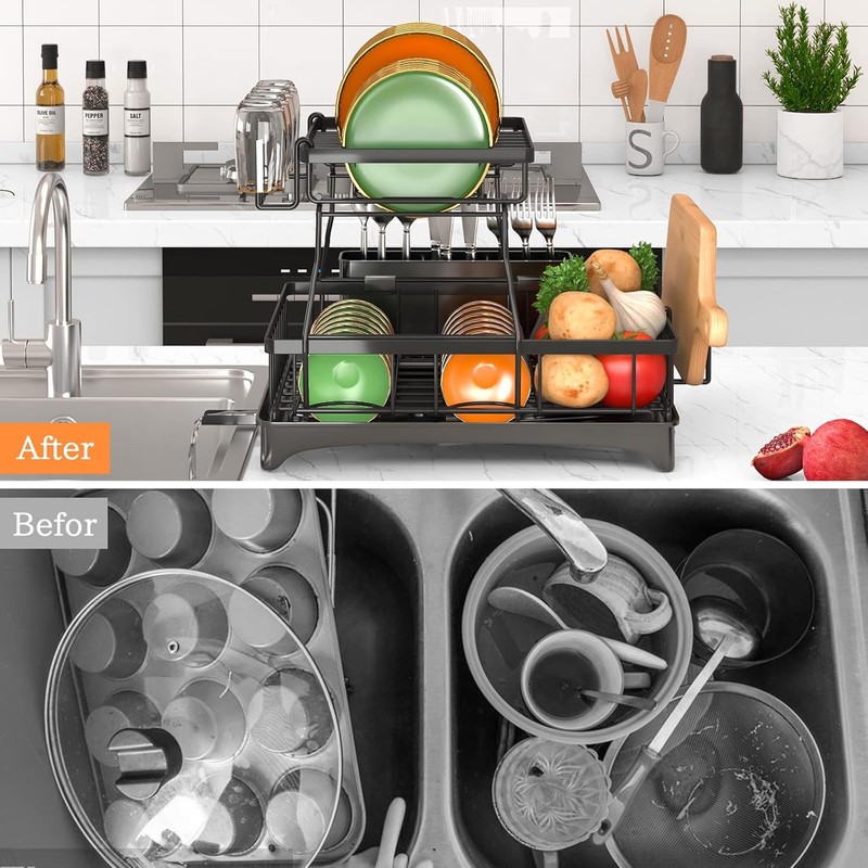 2-Tier Auto-Drain Dish Drying Rack with Mat, Knife Cup Holder, Rustproof Kitchen gallery