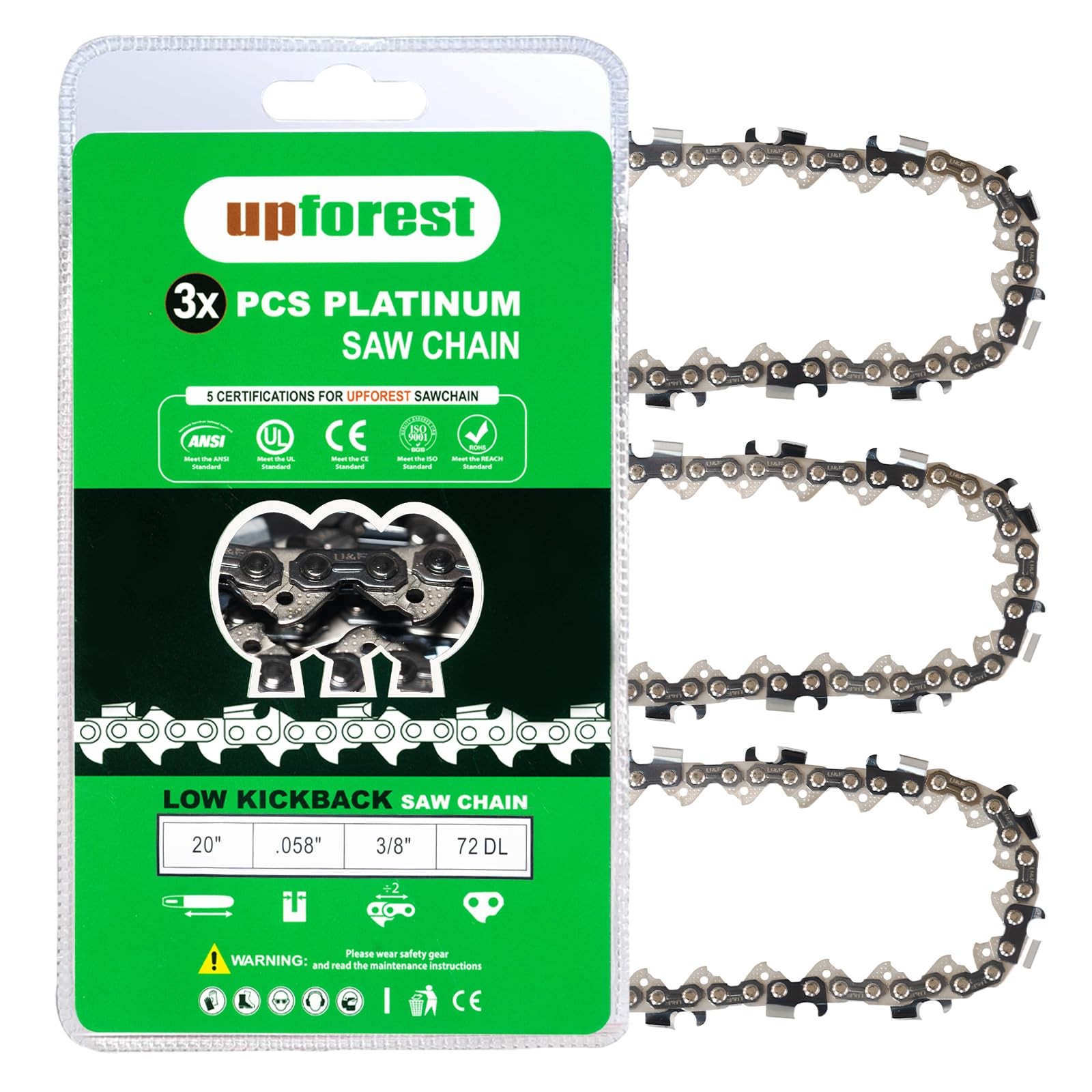 Upforest 3 Pack Full Chisel Chainsaw Chain 20 Inch .058 Gauge, 3/8 20 inches gallery