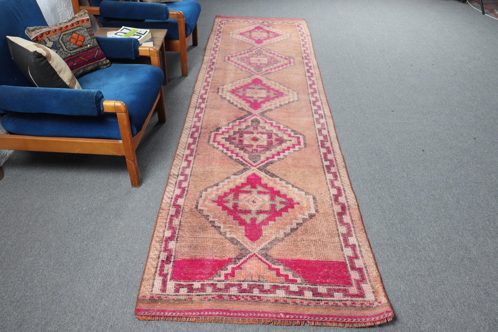 3,2x11,7 ft Runner Turkish Rug, Red Polka dot Vintage Rug gallery