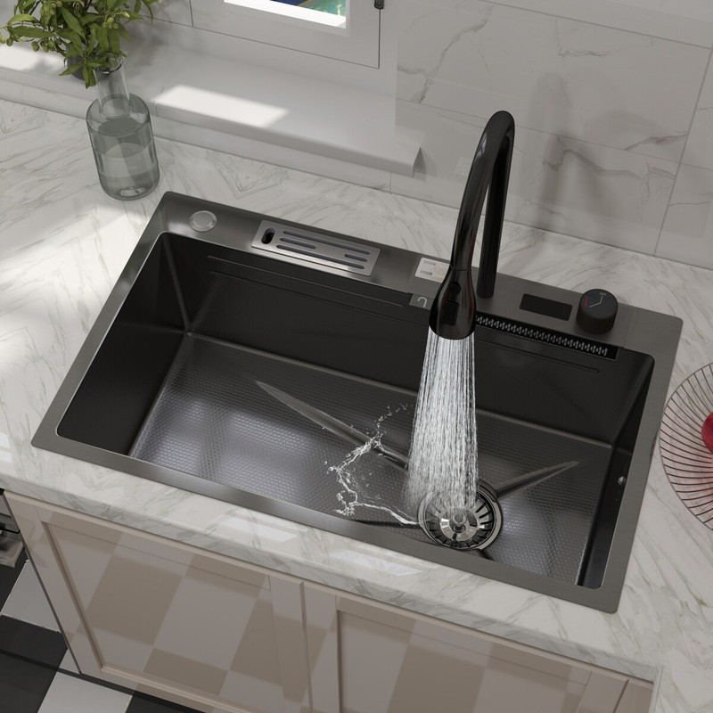30" Multi Purpose Kitchen Sink Stainless Steel Single Bowl W/ Waterfall Faucet gallery