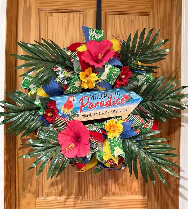 Welcome to Paradise Where it’s Always Happy Hour Fun Everyday Island Wreath XL gallery