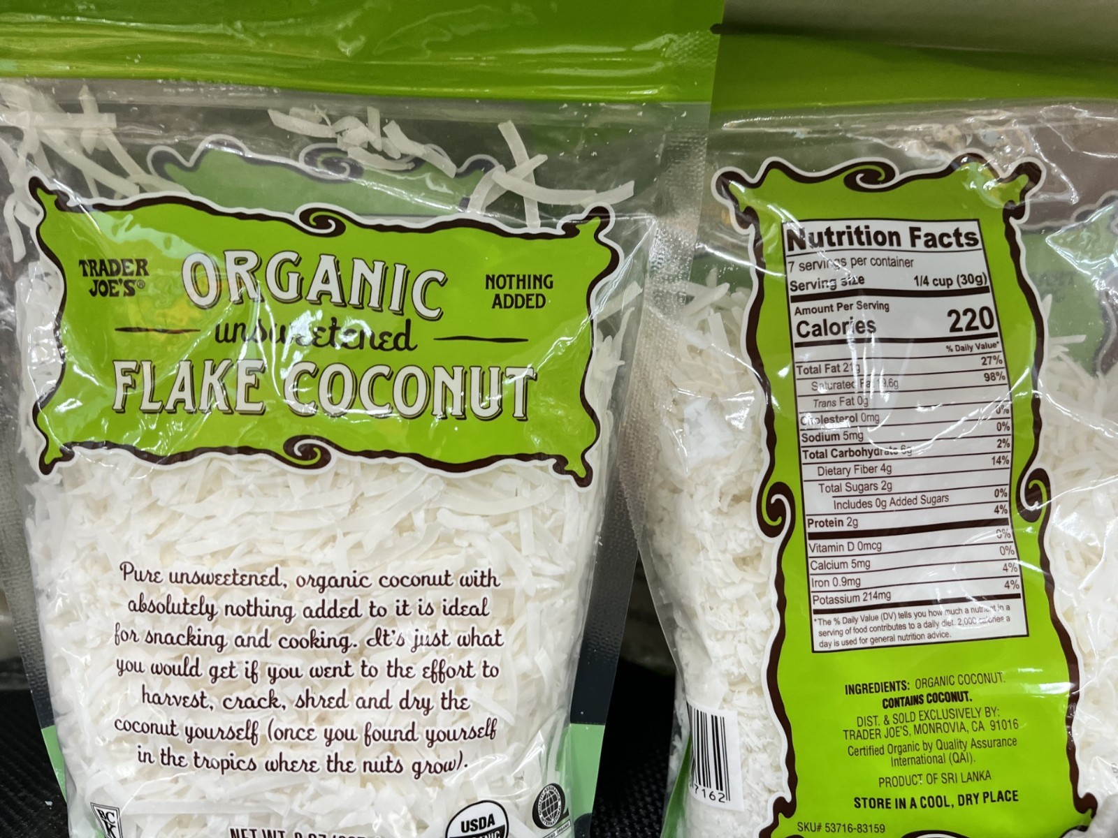 2 Packs Trader Joe's Organic Pure Unsweetened Flake Coconut 8 oz Each Pack gallery