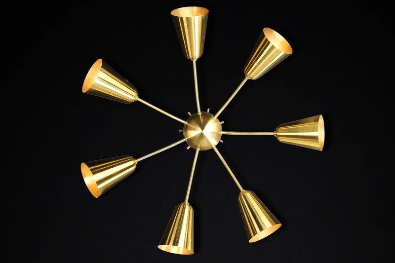 Italian Mid-Century Solid Brass Sputnik Chandelier 7 Lights Cone Shade by H D gallery