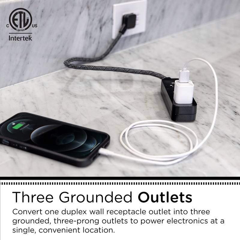 Cordinate Designer Mini 3-Outlet Power Strip, 18 in Braided 18 In, Black gallery