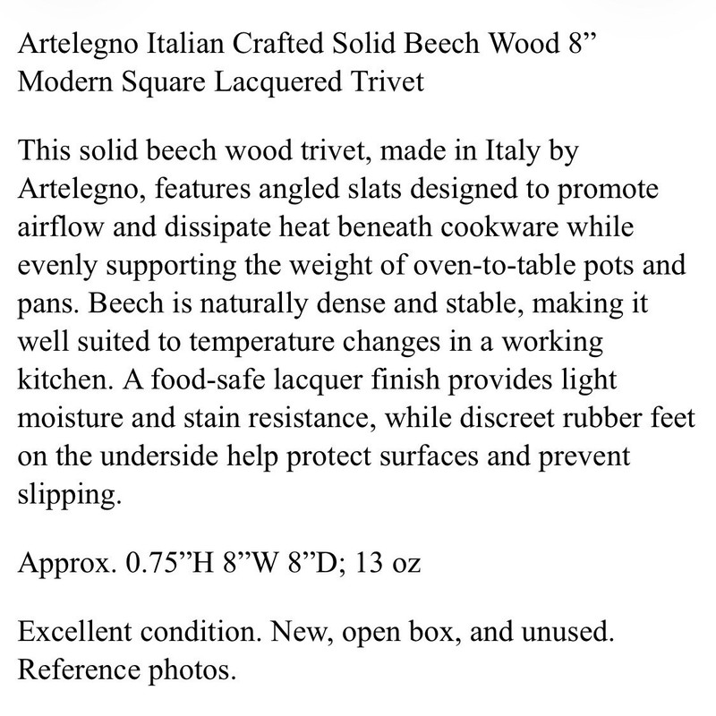 Artelegno Italian Crafted Solid Beech Wood 8” Modern Square Lacquered Trivet gallery