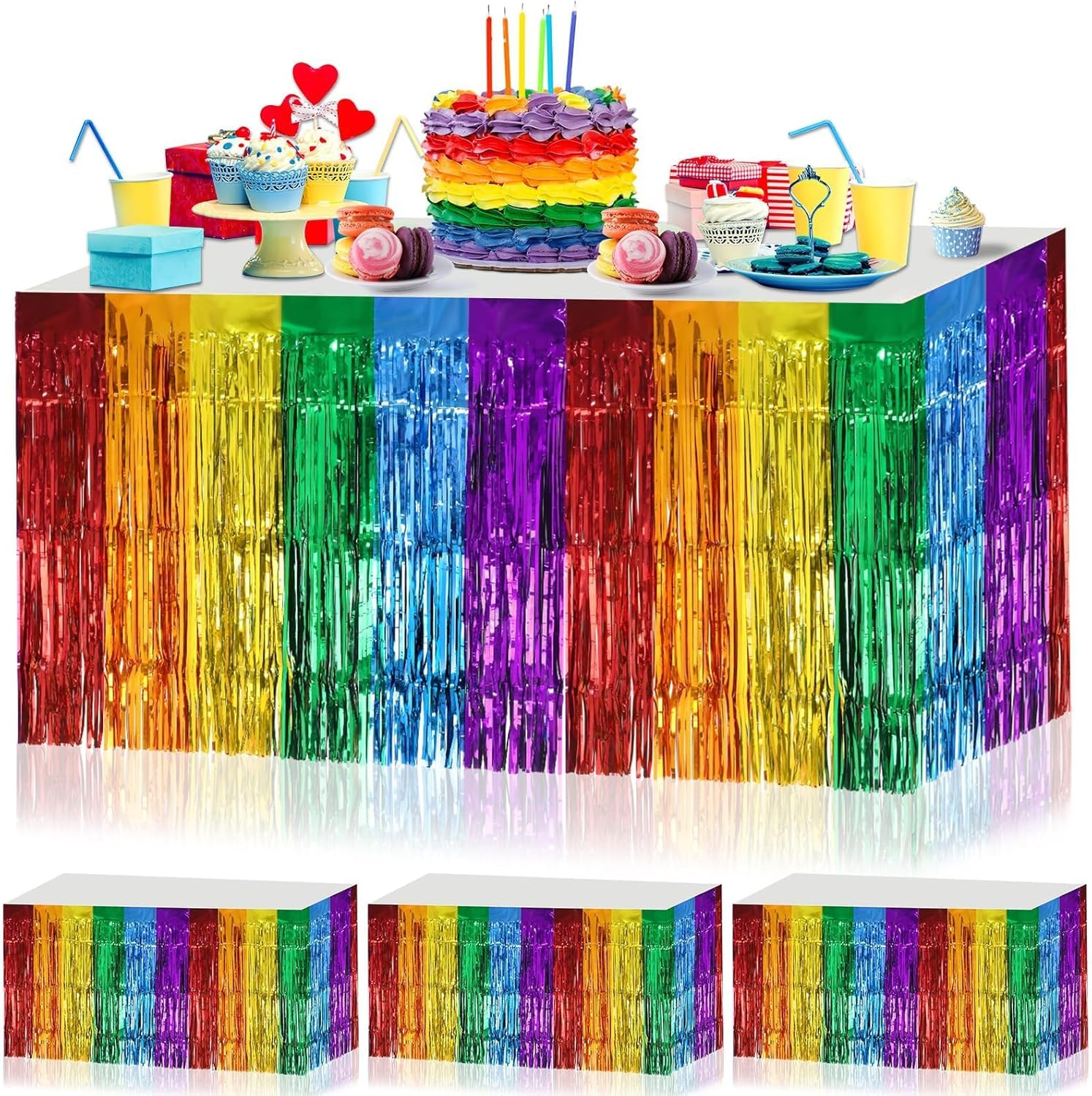 4 Pack Pride Rainbow Table Skirts, 30X108 Inch Metallic Foil Fringe Table Skirts gallery