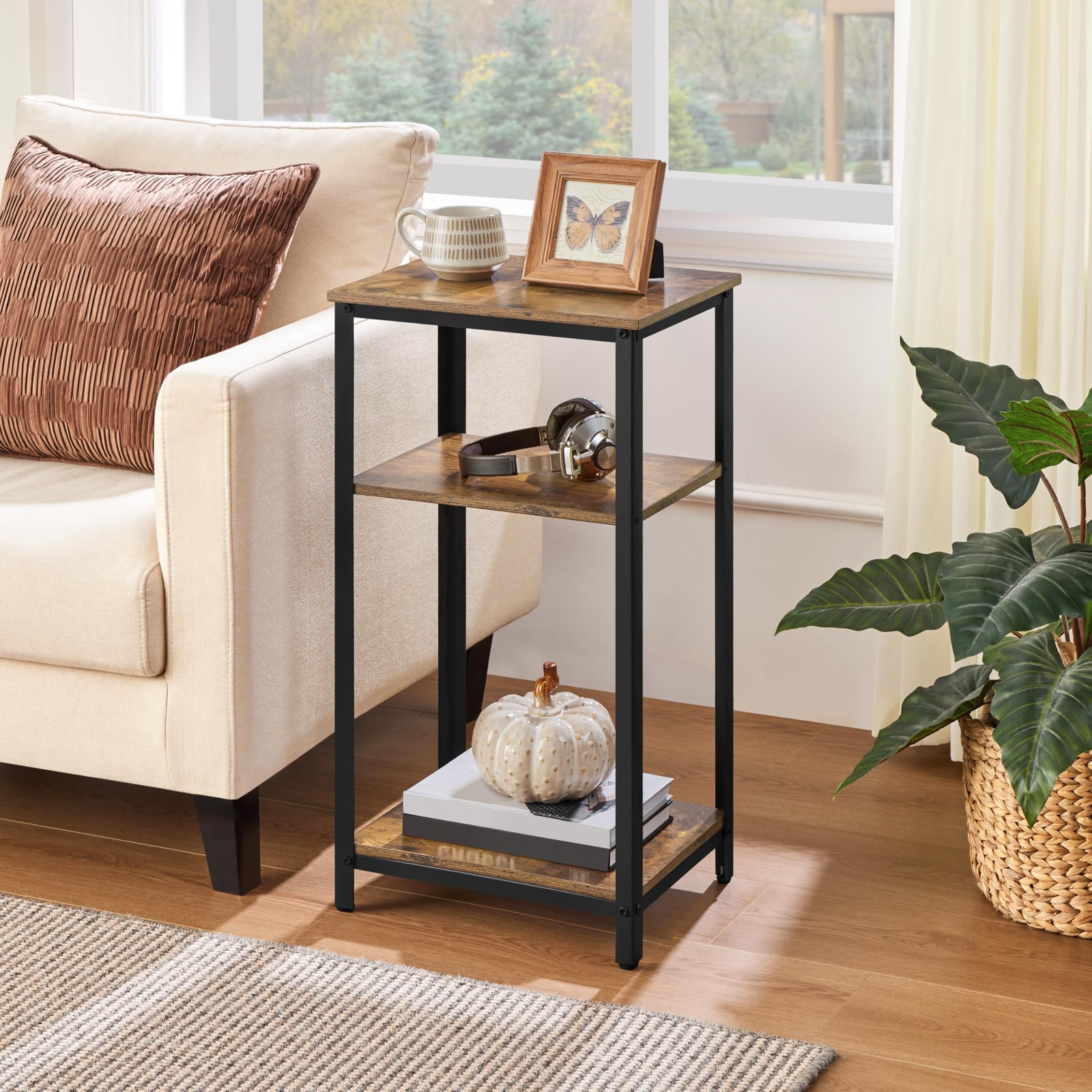 Tall End Table 2Pcs, 16"x12"x29.5" Industrial Side Table for Living Room, Brown gallery