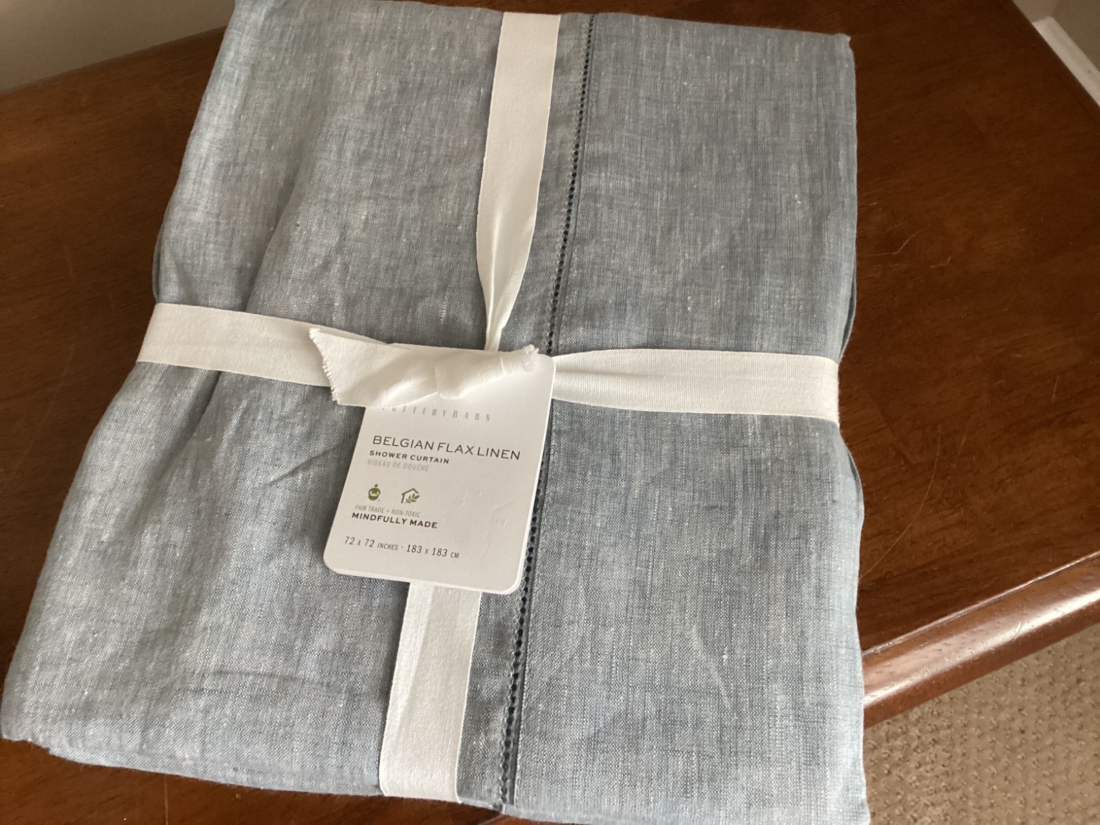Pottery Barn Belgian Flax Linen Hemstitch Shower Curtain Blue Frost New gallery