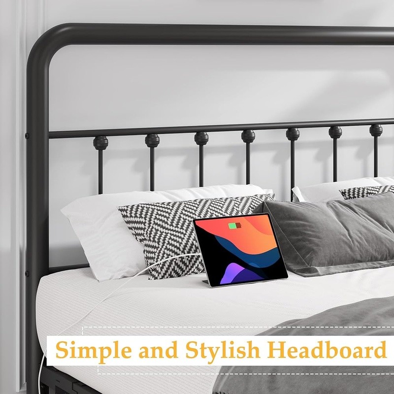 Multifunctional Bed Frame W/ Charging Station LED Lights Iron Squeak Resistant gallery