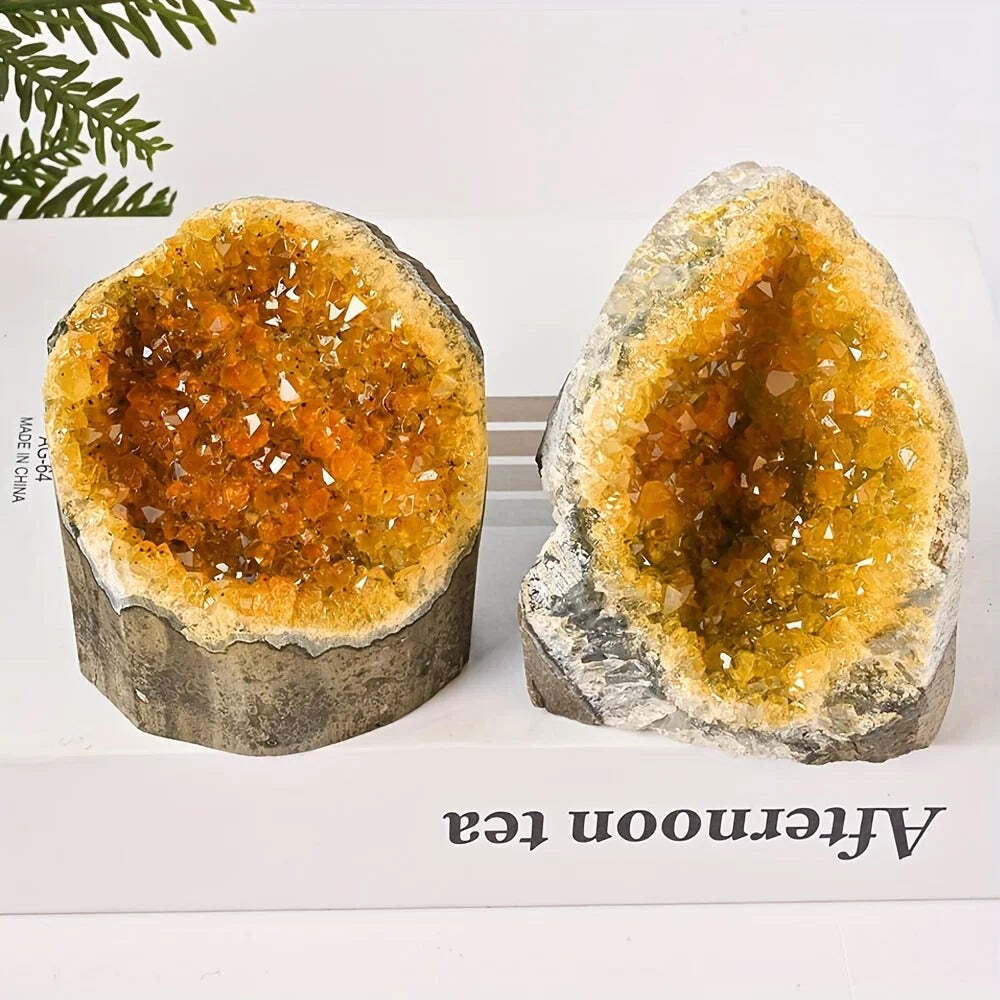 Natural Yellow Quartz Crystal Geode Cluster with Polished Mineral Inclusions gallery