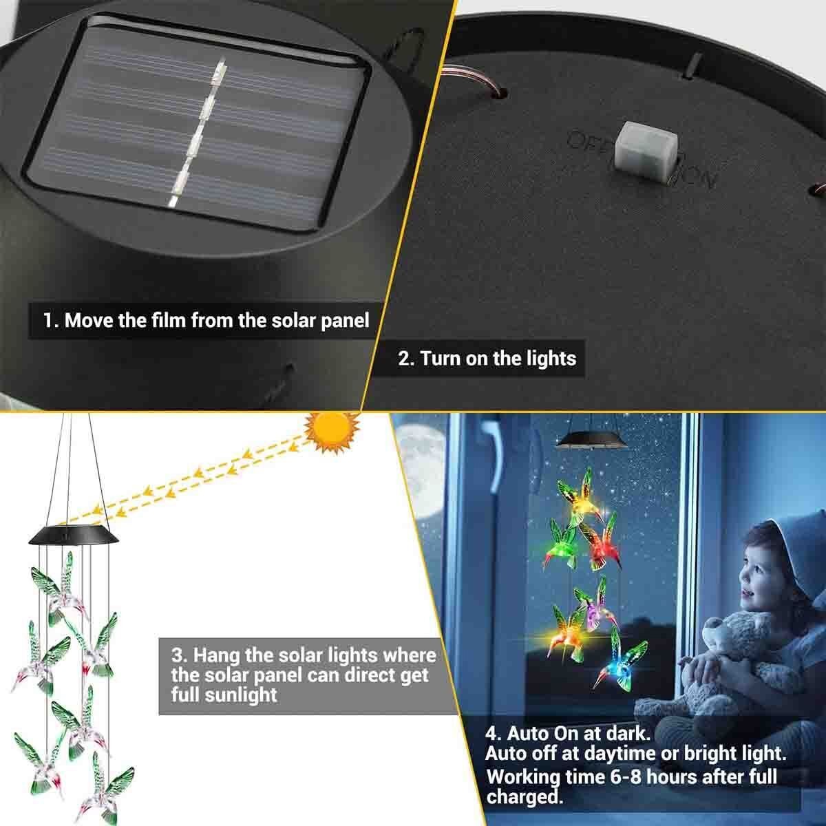 Solar Wind Chimes Lights 6 LED Color Changing Hanging Hummingbird Garden Lamp gallery