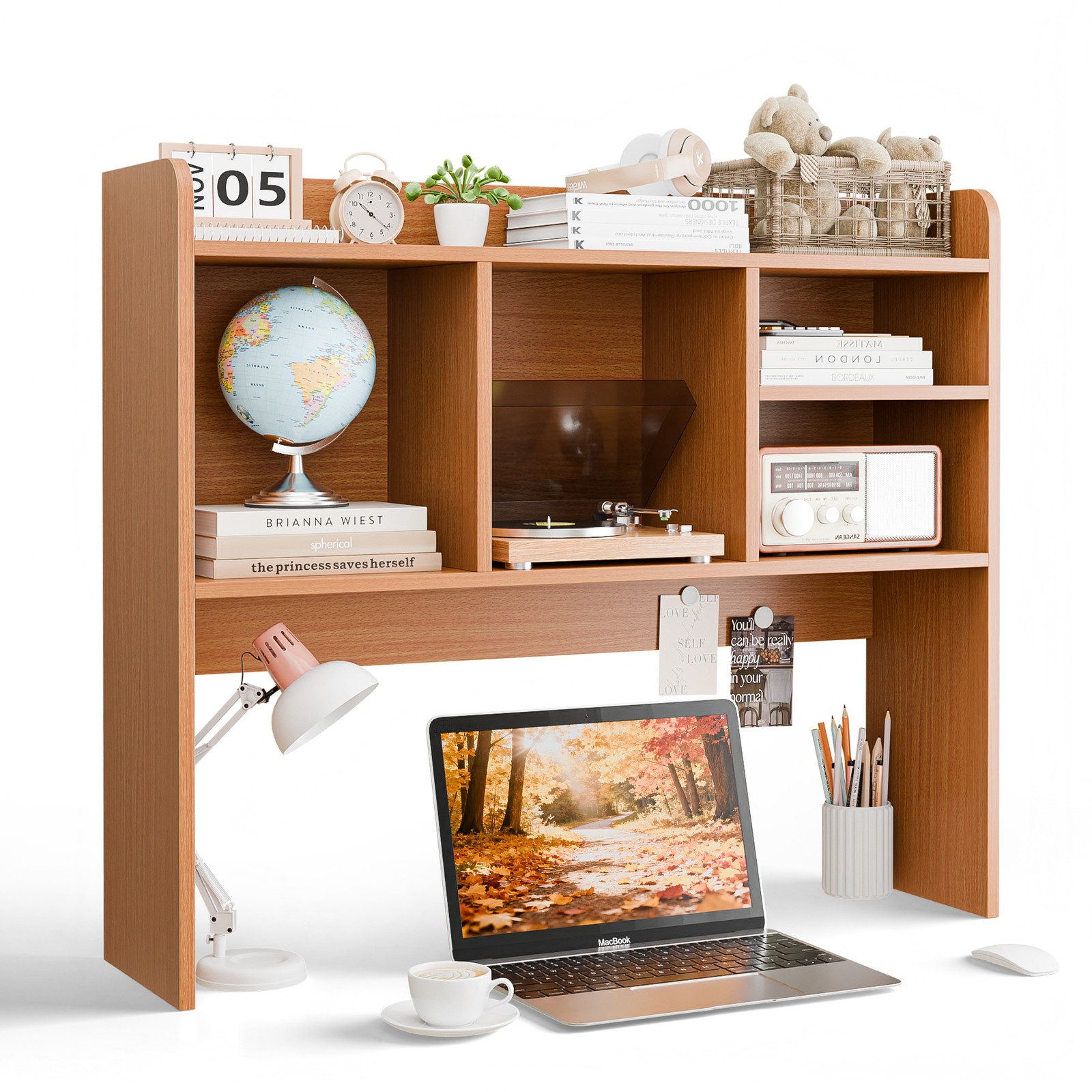 High-Capacity Desktop Bookshelf Wood Hutch Storage Organizer w/5 Shelves Natural gallery